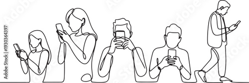 Continuous one line drawing People holding, using mobile phones concept.one line vector illustration with out Background