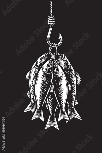 A vector concept showing a single fishing hook hanging with many tuna fish, symbolizing abundant seafood catch and hardworking fishermen at sea.