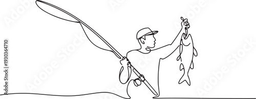 continuous line drawing of fisherman.one line drawing of fisherman lifting big fish.one line vector illustration with out Background