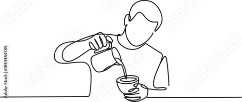 Breakfast outline illustration. Continuous one line drawing of barista pouring milk to coffee, preparing drink.one line vector illustration with out Background