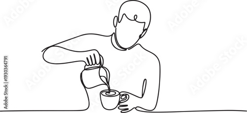 Breakfast outline illustration. Continuous one line drawing of barista pouring milk to coffee, preparing drink.one line vector illustration with out Background