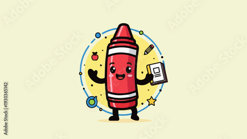 Cute crayon mascot education logo, flat vector illustration, bold outline, bright colors, playful kids school theme