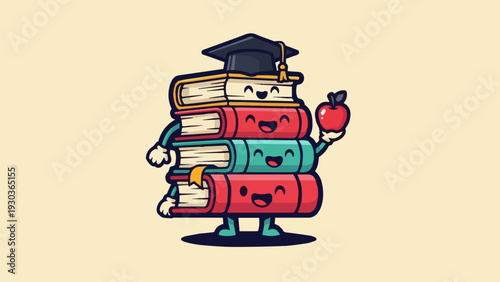 Happy book character logo vector, kids education theme, bold outline, flat vector illustration