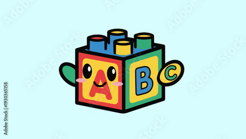 Cute ABC blocks mascot logo, early childhood education vector, bold outline, flat design, colorful simple shapes, no text