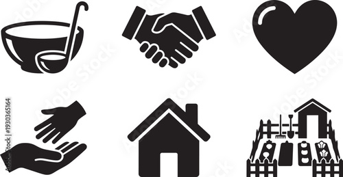 Community Support, Charity Outreach and Neighborhood Volunteer Services Silhouette Icon Set Vector Illustration