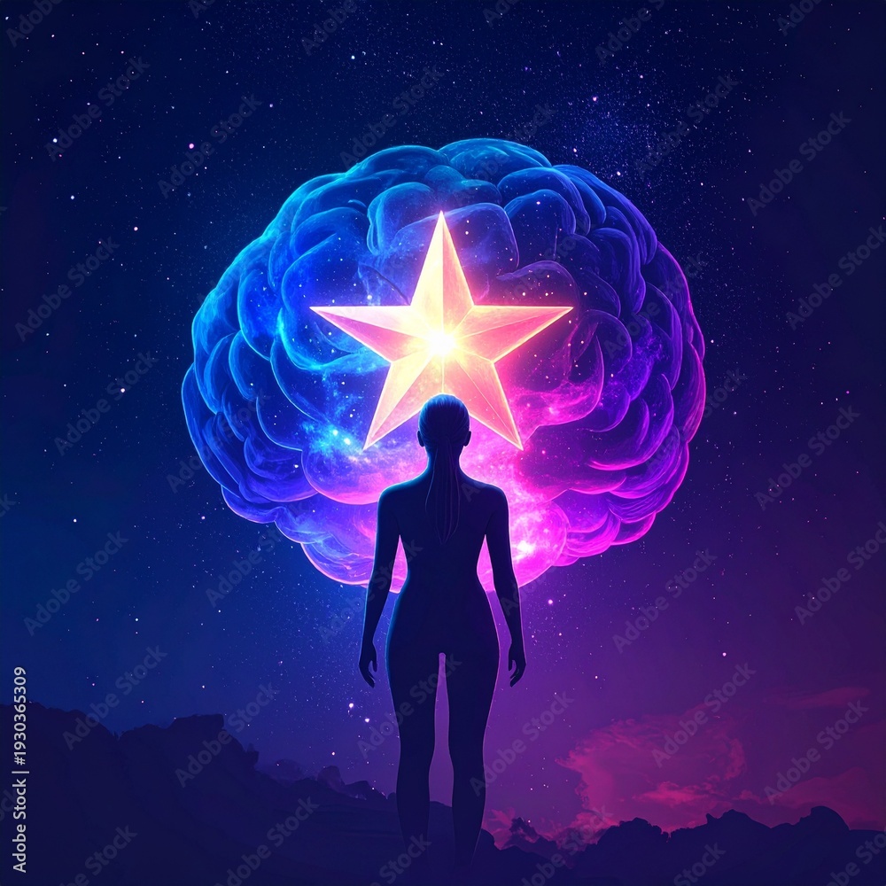 Obraz premium Person standing under starry night sky with glowing brain and star