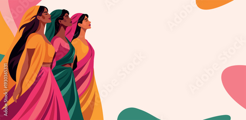 International Women's Day, March 8. Vector banner Indian women in traditional saris standing together. For event highlights feminine beauty, Empowerment, cultural heritage, role of women in society