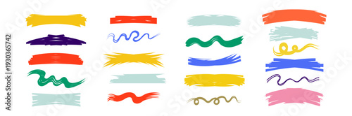 Collection of colorful handdrawn brush strokes, paint banners, and marker highlights. Set of abstract shapes for underlining text and graphic design.