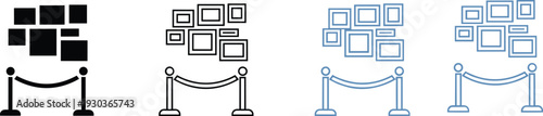 Art gallery icon set, museum exhibition with picture frames and barrier rope, outline and glyph vector illustration