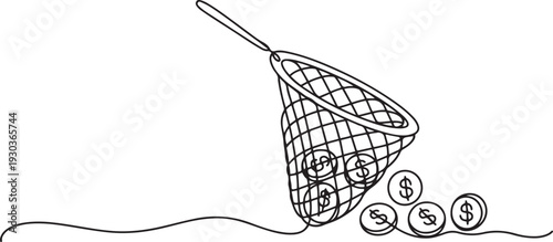 continuous line net with dollar coins.single line catching dollar coins with trap net.one line vector illustration with out Background