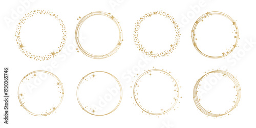 Collection of eight elegant gold circle frames. Decorative round borders with stars, sparkles, and stardust for festive designs, invitations, and logos.