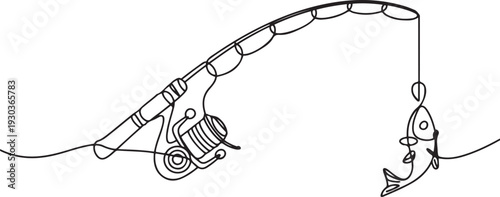One continuous drawn single art line sketch fishing rod, spinning rod, reel, tackle, Continuous one line drawing of a fish on a rod. Fishing hobby concept.one line vector illustration 