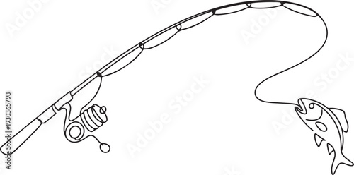 One continuous drawn single art line sketch fishing rod, spinning rod, reel, tackle, Continuous one line drawing of a fish on a rod. Fishing hobby concept.one line vector illustration