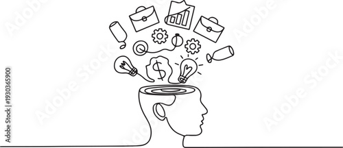 Continuous one line drawing Business icons are floating above head concept.one line vector illustration with out Background