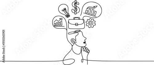 Continuous one line drawing Business icons are floating above head concept.one line vector illustration with out Background