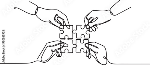 Continuous One-Line Drawing of Hands Solving Puzzle Pieces - Minimalist Teamwork Concept.one line vector illustration with out Background