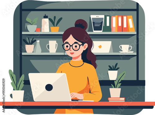 Donna che usa un laptop in ufficio casa al bar vettoriale
