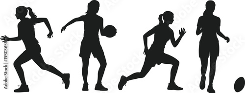 Athletic silhouettes running, sprinting, ball sports, jogging, fitness training, dynamic motion, sports activity, exercise, healthy lifestyle, competitive energy, teamwork