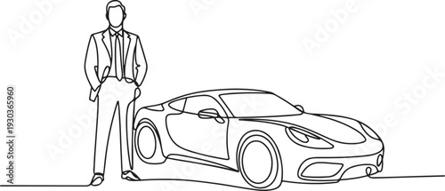 continuous one line drawing of successful man with luxury car background.one line vector illustration with out Background
