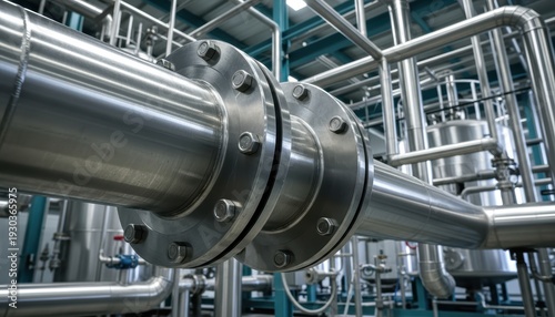 Close-Up of Industrial Stainless Steel Pipelines and Flanges in a Modern Manufacturing Facility