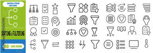 Sorting and filtering icon set. Containing filter, list, arrange, refine, sort, organize, priority, reorder, category and more. Solid vector icons collection.