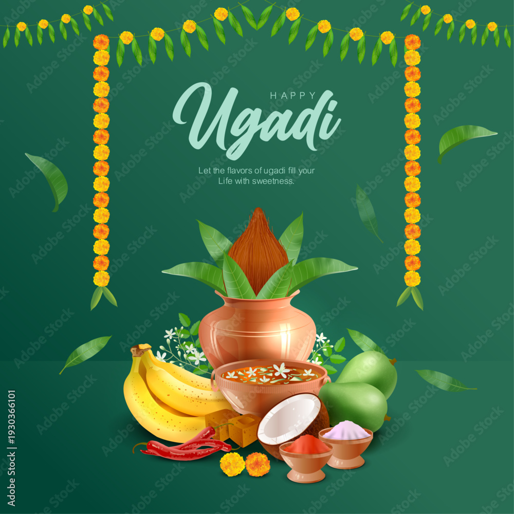 Obraz premium Rich green festive Ugadi background decorated with marigold garlands and traditional kalash arrangement. Includes coconut, mango leaves, bananas, jaggery and Ugadi pachadi bowl symbolizing the flavors