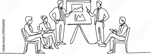 One continuous line drawing of Business people are discussing and presenting their business in front of their clients. Business people activity.one line vector illustration with out Background