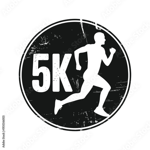 Black and white 5k running logo with silhouette of a jogger