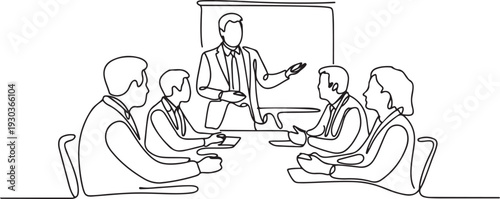 One continuous line drawing of Business people are discussing and presenting their business in front of their clients. Business people activity.one line vector illustration with out Background