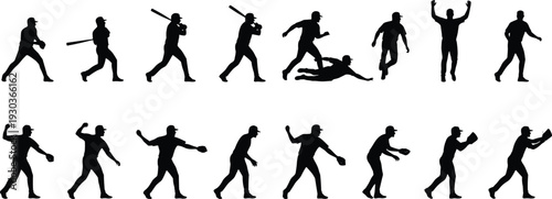 Baseball silhouettes, batter swing, pitcher throw, fielder catch, sliding base, running athlete, celebration pose, sports activity, dynamic motion, competitive game, training