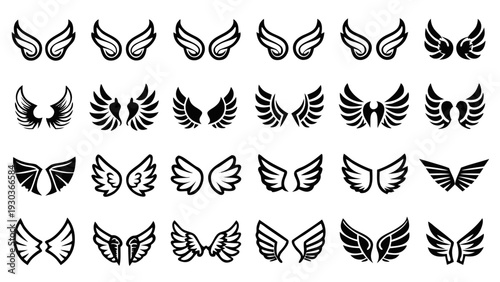 "A comprehensive collection of wing icons and silhouettes on a plain white background. The set is organized into four rows, featuring 20 different pairs of wings. The top two rows consist of linear ou