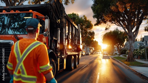 A sanitation worker stands by a garbage truck on a sunlit residential street, capturing the early morning glow.