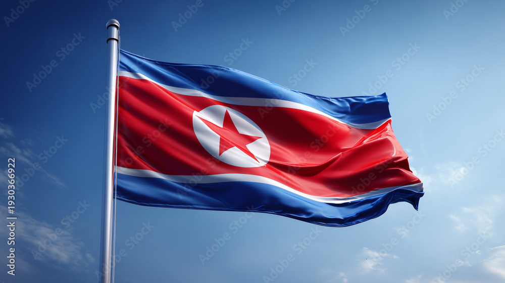 Naklejka premium north korean flag waving in blue sky. flag of north korea