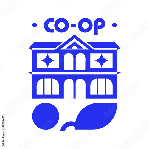 A blue logo for a co-op with a building and leaf