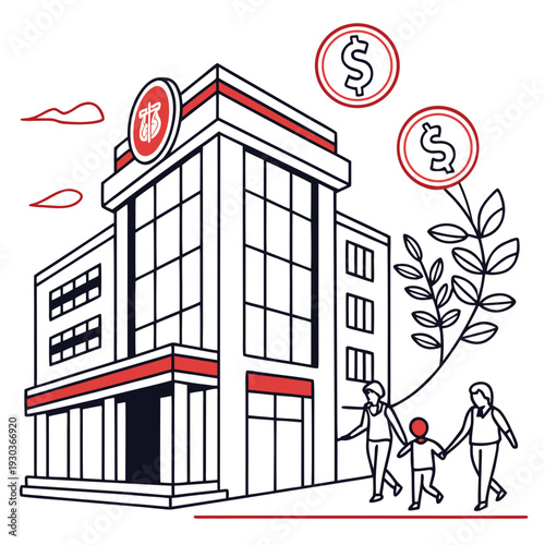 A family walking towards a bank building with a tree growing money
