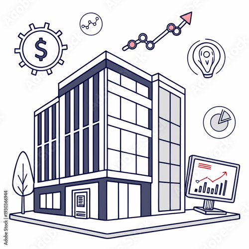 A building with business and finance symbols around it