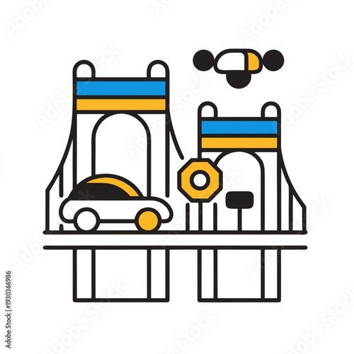 A car and a drone on a bridge with a life preserver