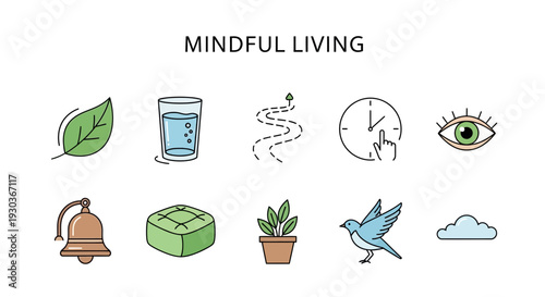 Ten icons illustrating mindful living concepts arranged in two rows under a title