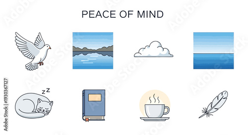 Eight icons representing peace of mind dove lake cloud sea cat book coffee feather