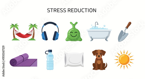Ten icons illustrating stress reduction techniques arranged in two rows