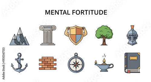 Ten icons representing mental fortitude arranged in two rows under a central title
