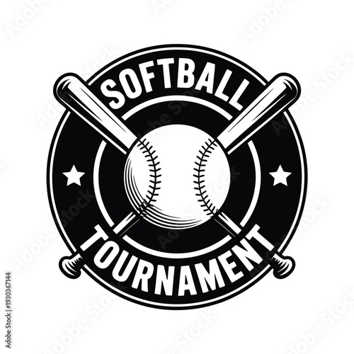 Softball tournament logo with baseball and bat