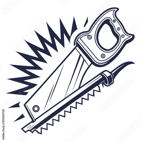 A saw is cutting through something with motion lines