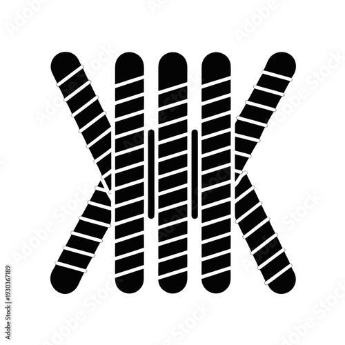 A black and white image of six skiis