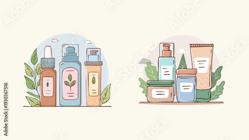 Collection of minimalist skincare products with botanical accents, showcasing gentle, natural, and organic beauty essentials for a healthy complexion