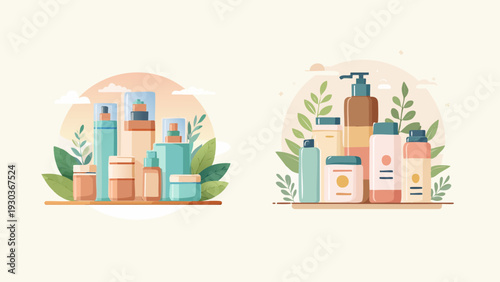 Collection of cosmetic bottles and jars arranged with green leaves and natural elements