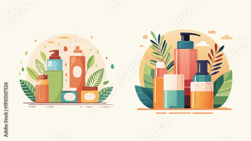 Beautifully designed collection of natural and organic personal care products, showcasing eco-friendly skincare and wellness essentials in a modern, flat illustration style with botanical elements