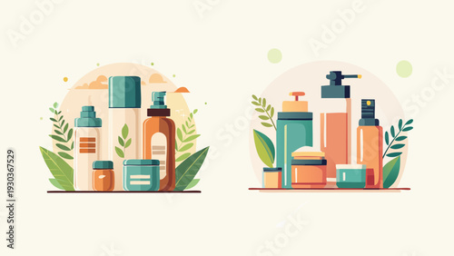 Elegant vector illustrations showcasing a variety of natural cosmetic products, including creams, lotions, and serums, infused with botanical essences for holistic self-care and personal wellness