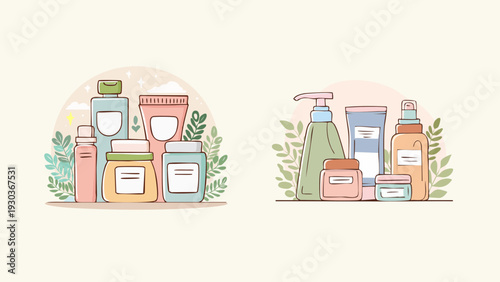 Pastel illustration of beauty and skincare products. Various bottles, jars, and tubes with botanical accents for natural cosmetics, wellness, and self-care routines