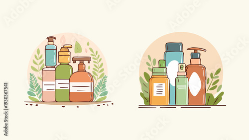 Collection of Various Bottles and Plants Illustrations in Pastel Colors